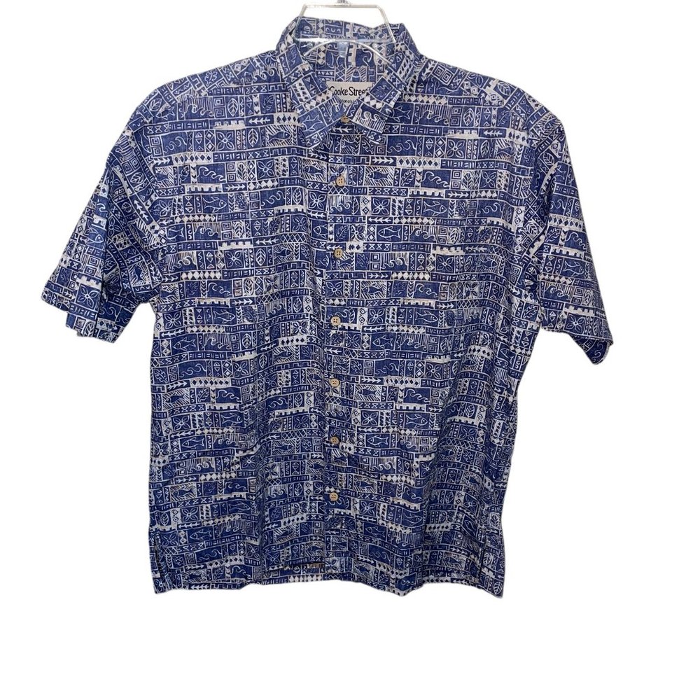 Men's Cooke Street Honolulu Hawaiian‎ Short Sleeve Blue/Grey Cotton Shirt Large